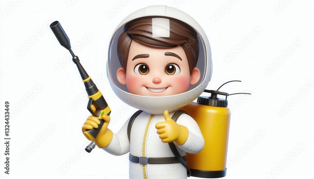 Cartoon of young astronaut spraying colorful pests in a playful outer space scene Cartoon of young astronaut spraying colorful pests in a playful outer space scene