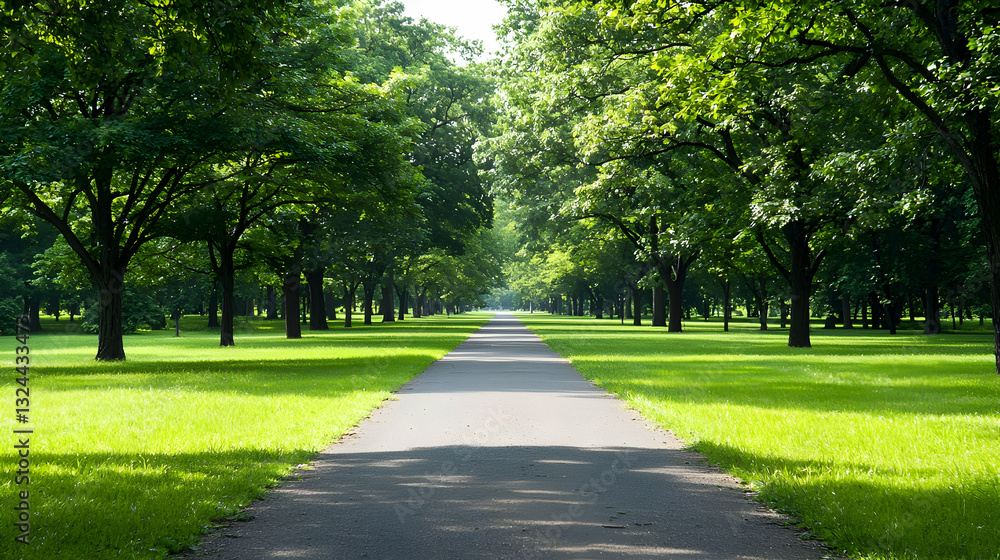 Stone Pathway Lined By Lush Green Trees Under Bright Sunlight Creates A Picturesque Park Scene Stone Pathway Lined By Lush Green Trees Under Bright Sunlight Creates A Picturesque Park Scene