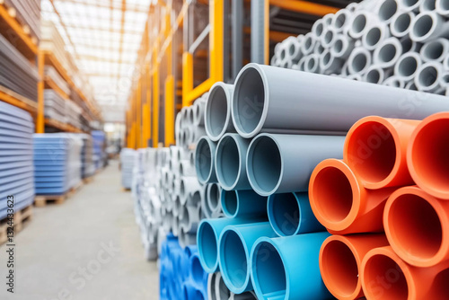 Colorful plastic plumbing pipes arranged in a warehouse setting displaying vibrant hues and organized stacking