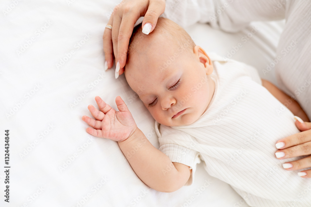 a little baby sleeps sweetly on a white bed, mother's hand gently strokes the baby's head, mother's love and care, a sleeping baby in mother's arms a little baby sleeps sweetly on a white bed, mother's hand gently strokes the baby's head, mother's love and care, a sleeping baby in mother's arms