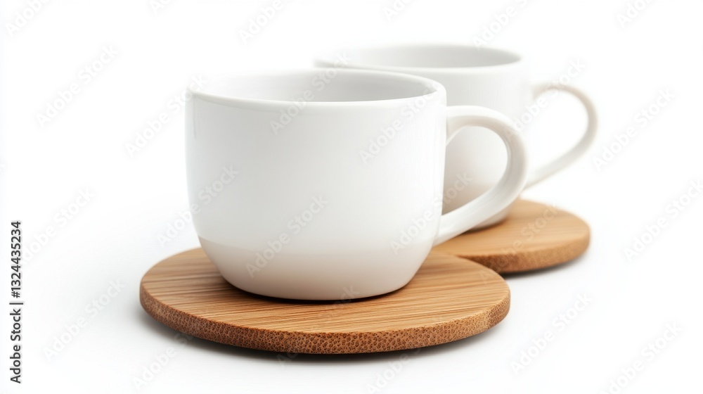 Two Minimalist White Cups on Wooden Coasters Isolated on White Two Minimalist White Cups on Wooden Coasters Isolated on White