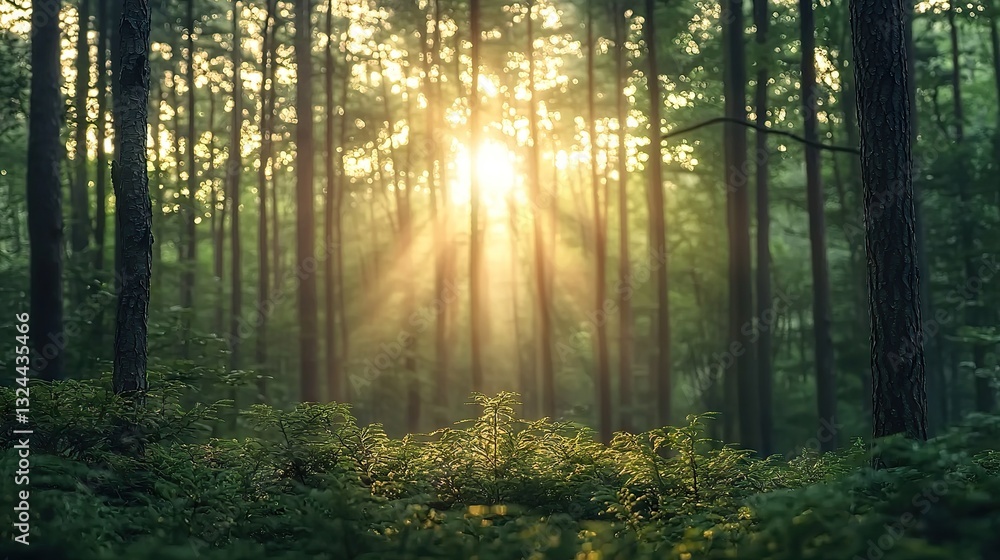 Obraz premium Sunlight streaming through trees in a lush forest nature photography calm and serene environment