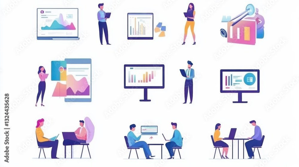 Company workers training icons set. Webinar, presentation. Data analytics course. Online conference, business coaching, corporate literature metaphors. Vector isolated concept metaphor illustrations Company workers training icons set. Webinar, presentation. Data analytics course. Online conference, business coaching, corporate literature metaphors. Vector isolated concept metaphor illustrations