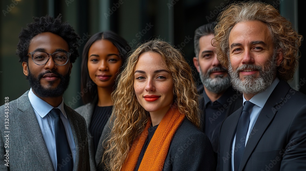 A diverse group of professionals stands before a modern, diverse corporate building. A diverse group of professionals stands before a modern, diverse corporate building.