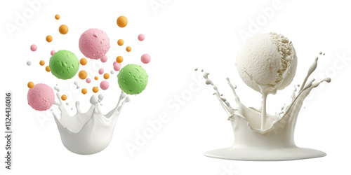 Wallpaper Mural Colorful ice cream scoops splash into milk, creating a vibrant dessert scene Torontodigital.ca