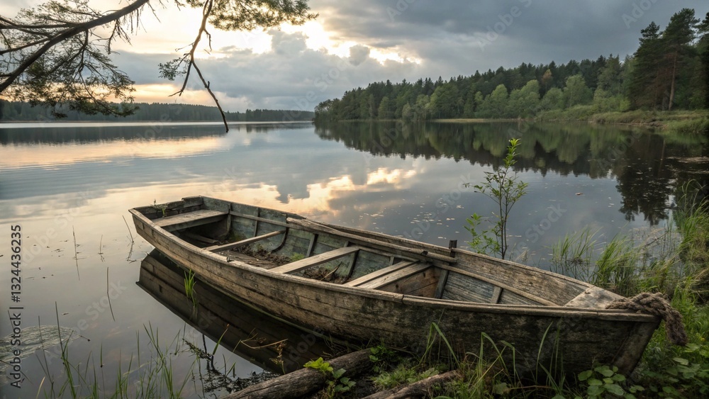 Obraz premium Rustic wooden boat gently floating by the lakeside, surrounded by green grass and still water. Perfect for illustrating quiet nature escapes, serene landscapes, and simple outdoor living