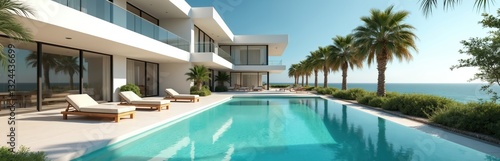 Wallpaper Mural Modern villa with elegant swimming pool view. Luxury house design, palm trees, blue sky, turquoise water. Vacation, relaxation on poolside deck. Summer holidays at ocean resort. Fashionable Torontodigital.ca