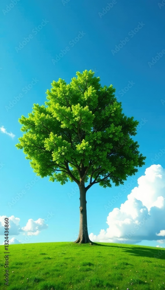 Fototapeta premium Isolated tree against blue sky with few clouds, atmosphere, calm