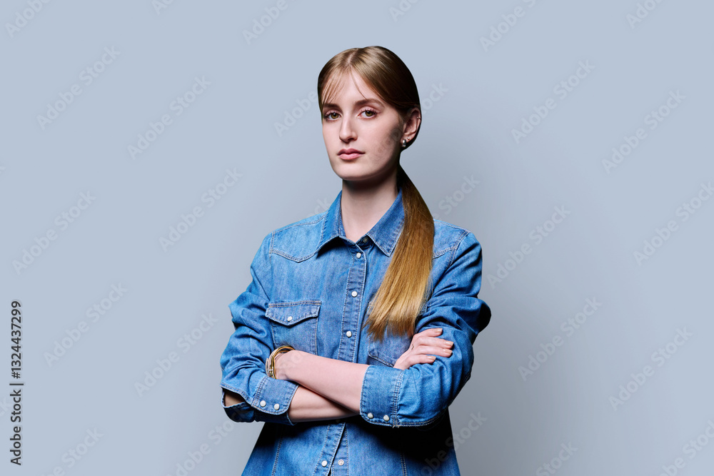 Beautiful young girl with crossed arms looking at camera on grey background Beautiful young girl with crossed arms looking at camera on grey background