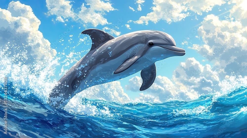 Fototapeta premium A dolphin leaps joyfully from tranquil blue water a bright sky evokes freedom and happiness in the serene setting.