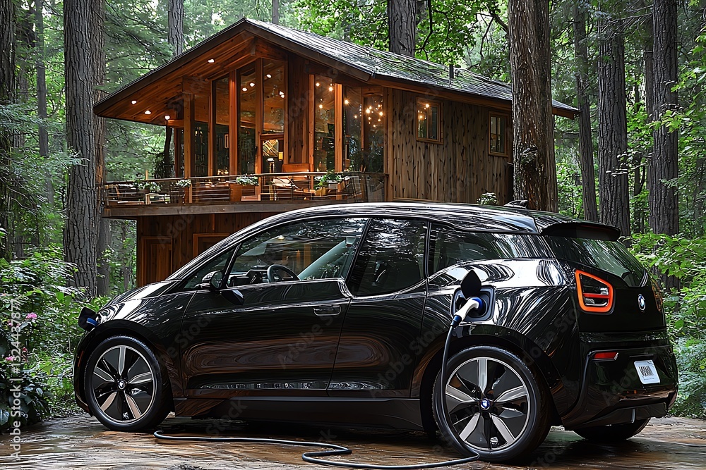 Fototapeta premium EV Charging for Forest Cabin Retreat.