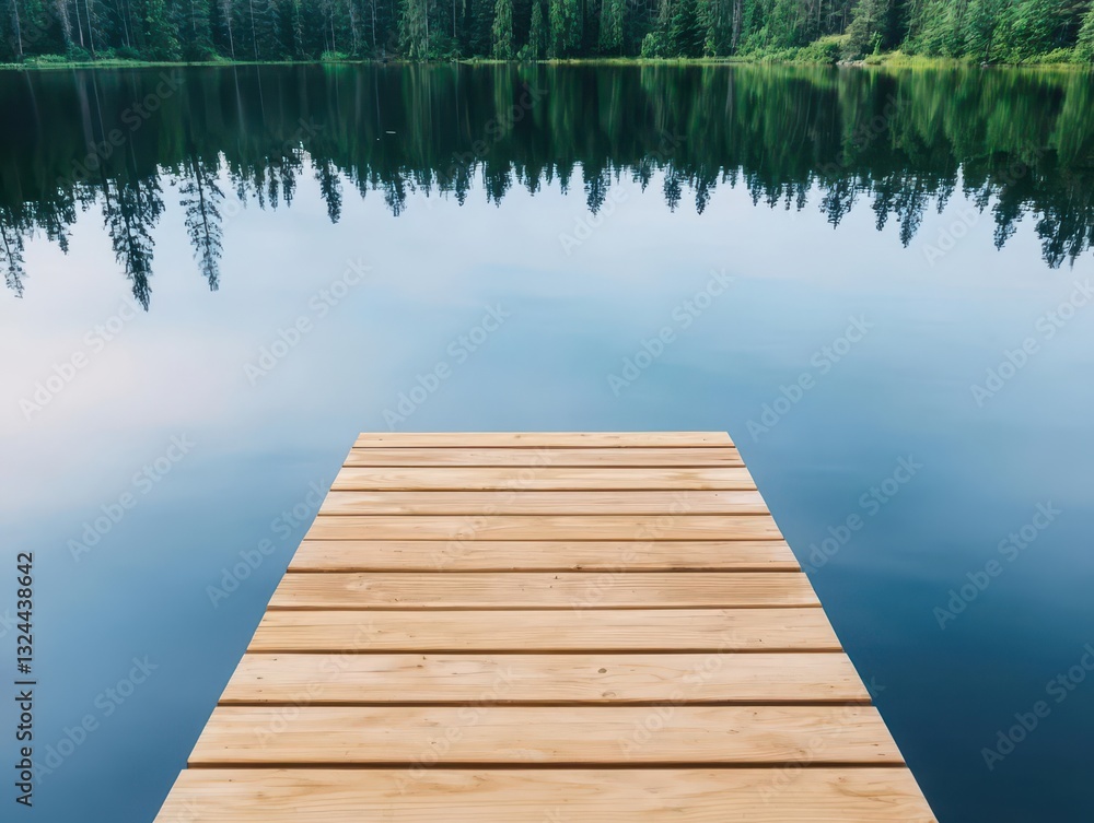 Fototapeta premium A simple floating wooden dock on a calm lake, serving as a peaceful retreat for meditation and selfreflection