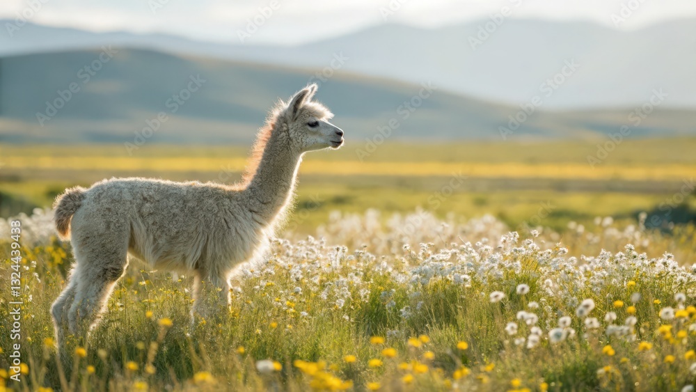Lively young alpaca grazing in vibrant wildflower field andes mountains wildlife photography natural landscape side view serenity and nature connection Lively young alpaca grazing in vibrant wildflower field andes mountains wildlife photography natural landscape side view serenity and nature connection