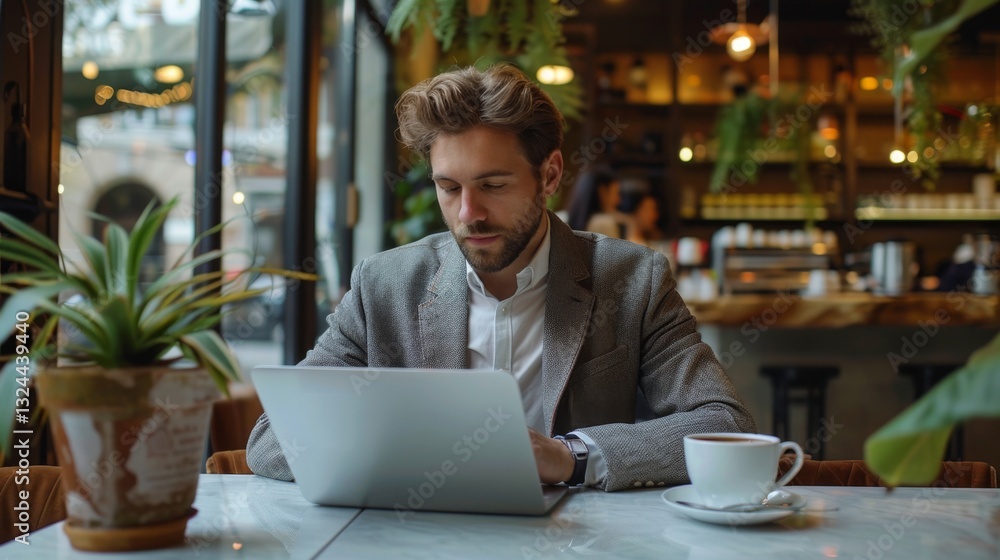 Freelancer focused on work while enjoying coffee in a cozy cafe setting Freelancer focused on work while enjoying coffee in a cozy cafe setting
