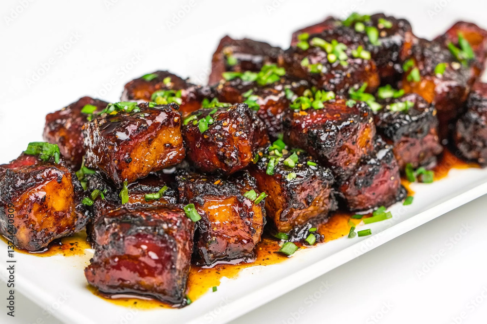 Crispy pork belly slices garnished with green onions on a rectangular plate in a vibrant culinary presentation Crispy pork belly slices garnished with green onions on a rectangular plate in a vibrant culinary presentation