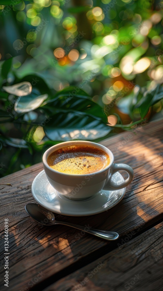 Coffee Cup on Wooden Table Surrounded by Greenery Coffee Cup on Wooden Table Surrounded by Greenery