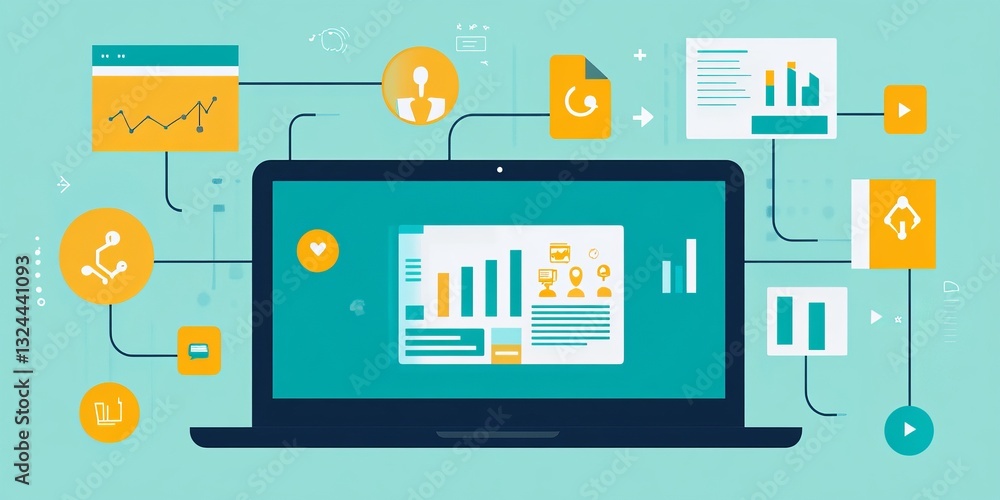 a laptop surrounded by icons representing data analysis. a laptop surrounded by icons representing data analysis.