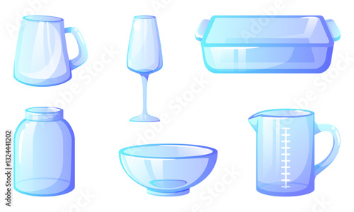 Empty glassware, measuring cup, glassware, goblet, jar, salad bowl, baking dish, beer mug. Kitchen utensils, cooking utensils, for serving. Vector illustration on white background.