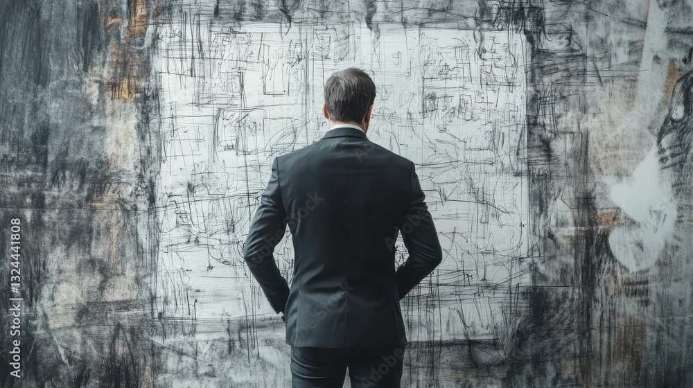 Back view of businessman drawing sketch on wall Back view of businessman drawing sketch on wall