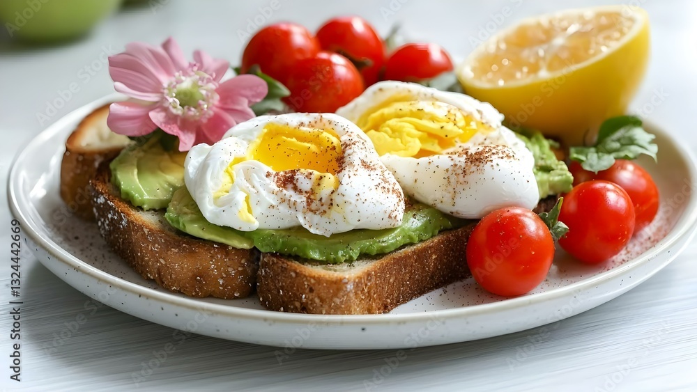 A plate with toasted bread topped with avocado, poached eggs, cherry tomatoes, a lemon wedge, and a flower garnish. Concept Avocado Toast, Poached Eggs, Cherry Tomatoes, Lemon Wedge, Food Garnish A plate with toasted bread topped with avocado, poached eggs, cherry tomatoes, a lemon wedge, and a flower garnish. Concept Avocado Toast, Poached Eggs, Cherry Tomatoes, Lemon Wedge, Food Garnish