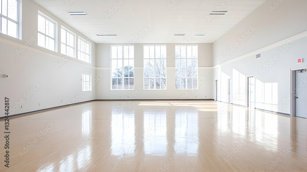 Fototapeta premium Empty Interior Room With White Walls Large Windows Wooden Floors And Sunlight Reflecting Surfaces
