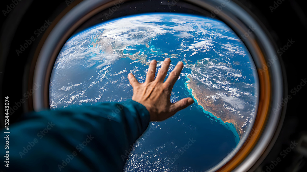 A human hand touching the beautiful planet earth from space