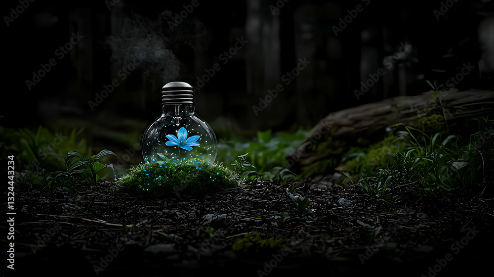 Fototapeta premium A blue flower blooms inside a glass light bulb beautifully