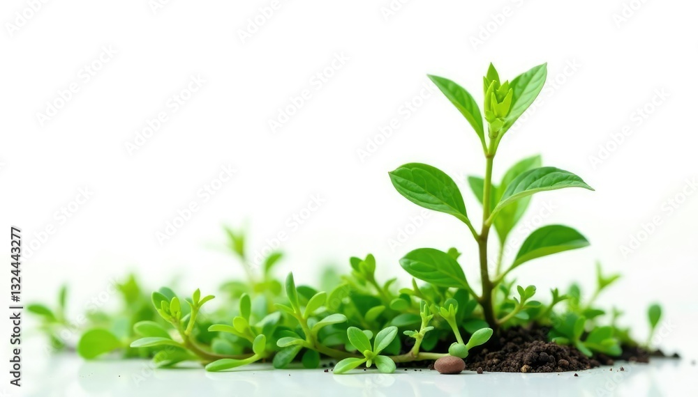 Fototapeta premium Small isolated herb in garden on white background, flora, solitary, greenery