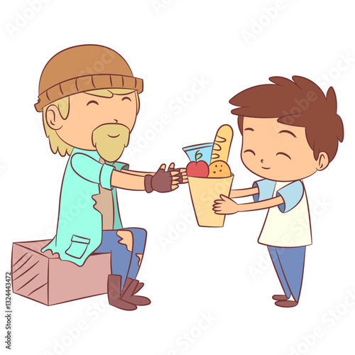 Child sharing food, helping homeless person, vector illustration