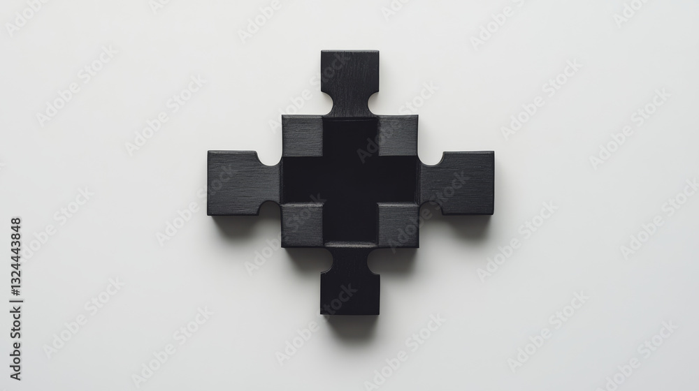 Fototapeta premium Abstract isolated puzzle on white background. Network or teamwork symbol composed of polygons. Low poly vector illustration. Black wireframe piece of puzzle.