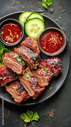 Savory barbecued ribs plated with fresh cucumber and dipping sauces on a black ceramic dish
