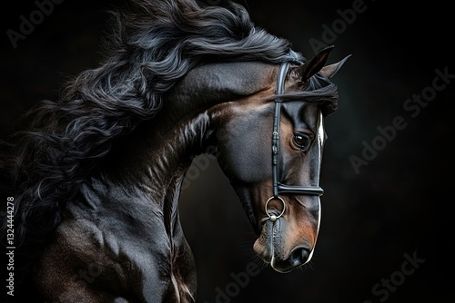 Warmblood mare, brown in color, performing with a black background photo