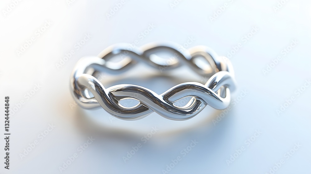 Obraz premium Close-up of a silver ring with an elegant, intertwined design. Symbol of love and eternity. Luxury and expensive items. Elegant Silver Intertwined Ring: A Symbol of Eternity
