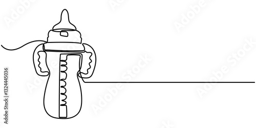 Continuous one line drawing of baby bottle pacifier. One line drawing illustration of baby pacifier. Baby care product concept continuous line art. Editable outline, Baby feeder bottle one continuous.