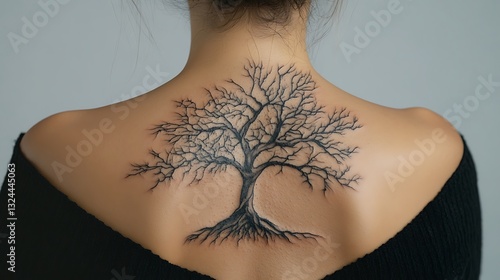 A persons back displaying a detailed black tree tattoo design