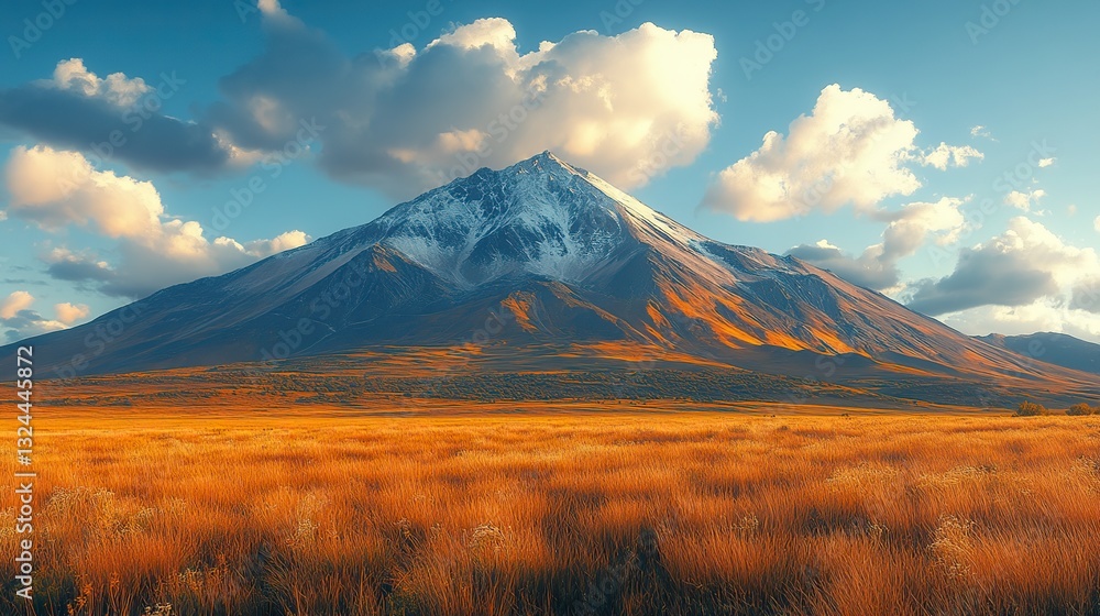 Fototapeta premium A majestic mountain peak rises from vast dry grassland, dramatic clouds hovering above, creating a breathtaking wilderness scene.