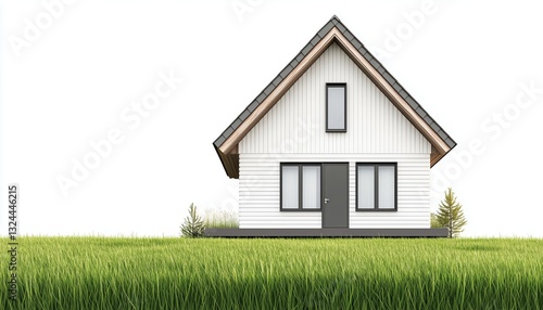 Wallpaper Mural Modern Small Cottage House With White Plank Walls And Gray Roof Tile In Natural Surroundings, Front View On Green Lawn. Torontodigital.ca