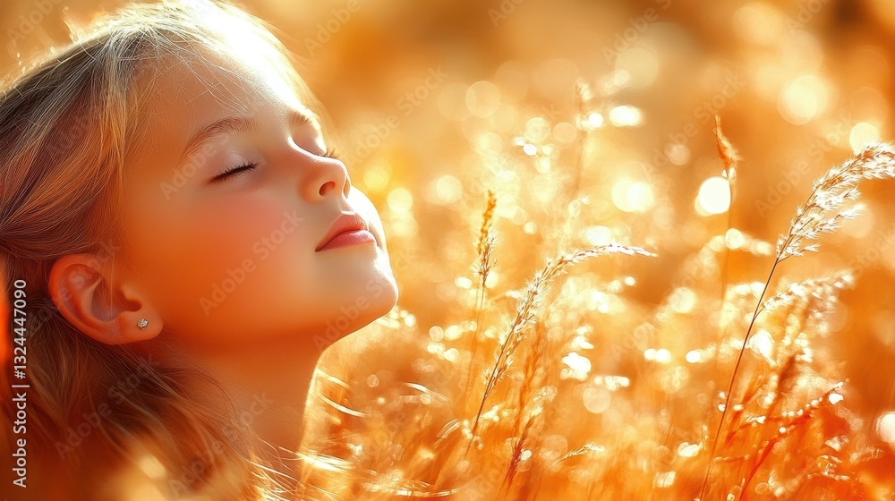 Fototapeta premium A girl is sitting in a field of tall grass. She is looking up at the sky