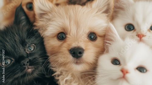 A group of longhaired Minuet kittens playing together and being curious around a camera.