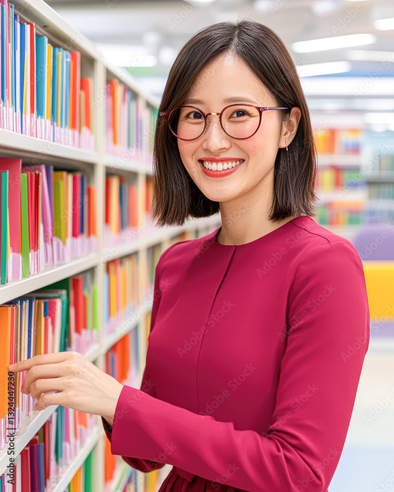 Smiling woman in glasses near colorful bookshelves in a library. Smiling woman in glasses near colorful bookshelves in a library.