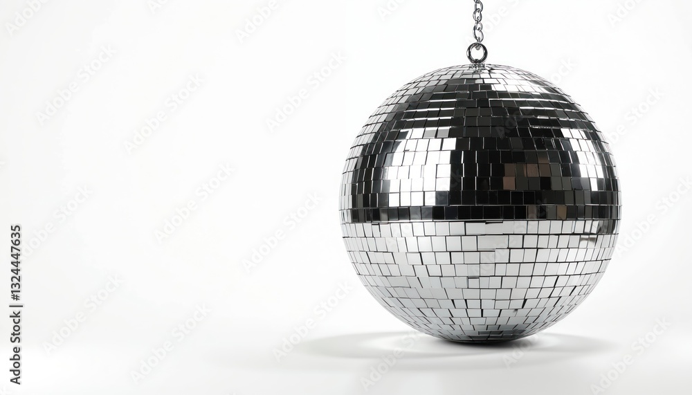 Obraz premium Silver disco ball on white background. Mirror sphere reflects light, creates festive mood. Party vibe, nightclub decoration. Entertainment event, dance floor decor. Shiny disco ball sphere hanging in