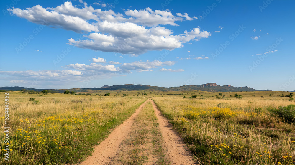 Naklejka premium Dirt Road Leading Through Field Under Blue Sky With White Clouds In Rural Landscape During Daylight