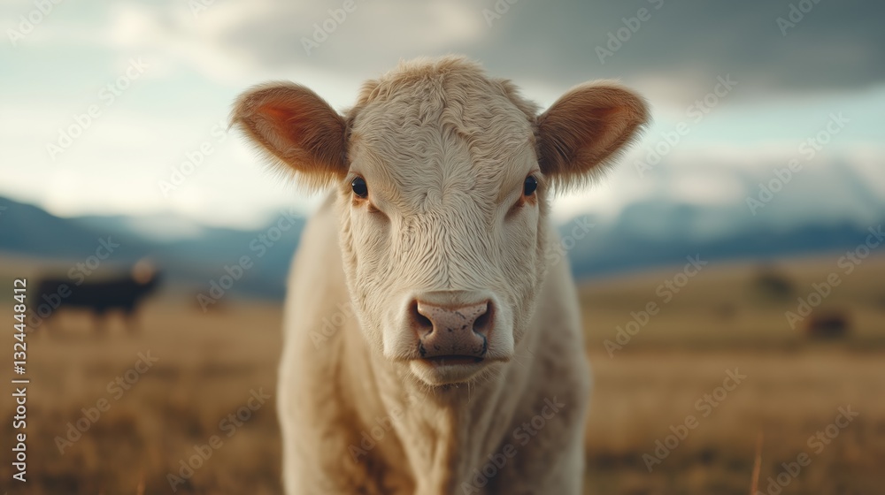A cow is standing in a field with mountains in the background. The cow is looking directly at the camera A cow is standing in a field with mountains in the background. The cow is looking directly at the camera