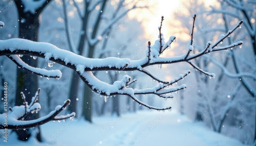 Tree limbs are covered with a thick layer of snow, icy, nature, serene Tree limbs are covered with a thick layer of snow, icy, nature, serene