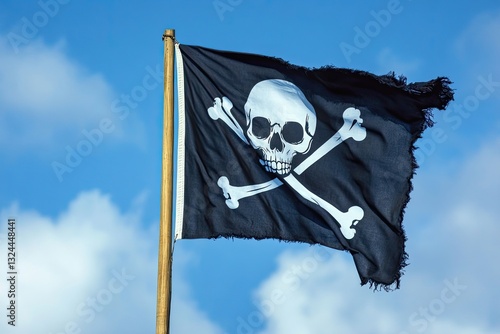 The black pirate flag with Roger is seen against the blue heavens. It flies above a pirate ship teeming with pirate symbols photo