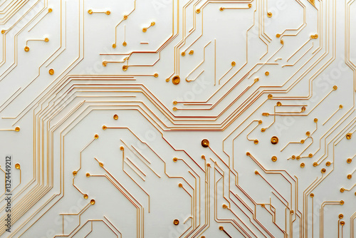 An elegant circuit board pattern with gold lines on a white background, symbolizing high-tech innovation, AI, and digital connectivity. A futuristic abstract design perfect for technology themes.