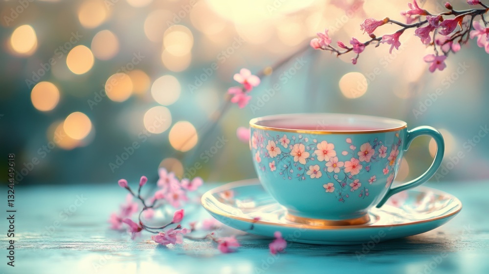 Fototapeta premium A pastel teacup with floral designs in lavender, yellow, and peach sits on a light blue saucer, radiating elegance and tranquility for a serene tea party setting