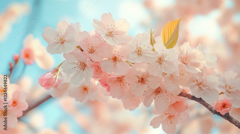 A delicate cherry blossom tree blooms with soft pink petals and mint green leaves under a serene blue sky, embodying the tranquility of spring A delicate cherry blossom tree blooms with soft pink petals and mint green leaves under a serene blue sky, embodying the tranquility of spring