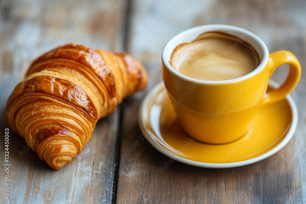 Coffee cup next to a croissant on the table Coffee cup next to a croissant on the table