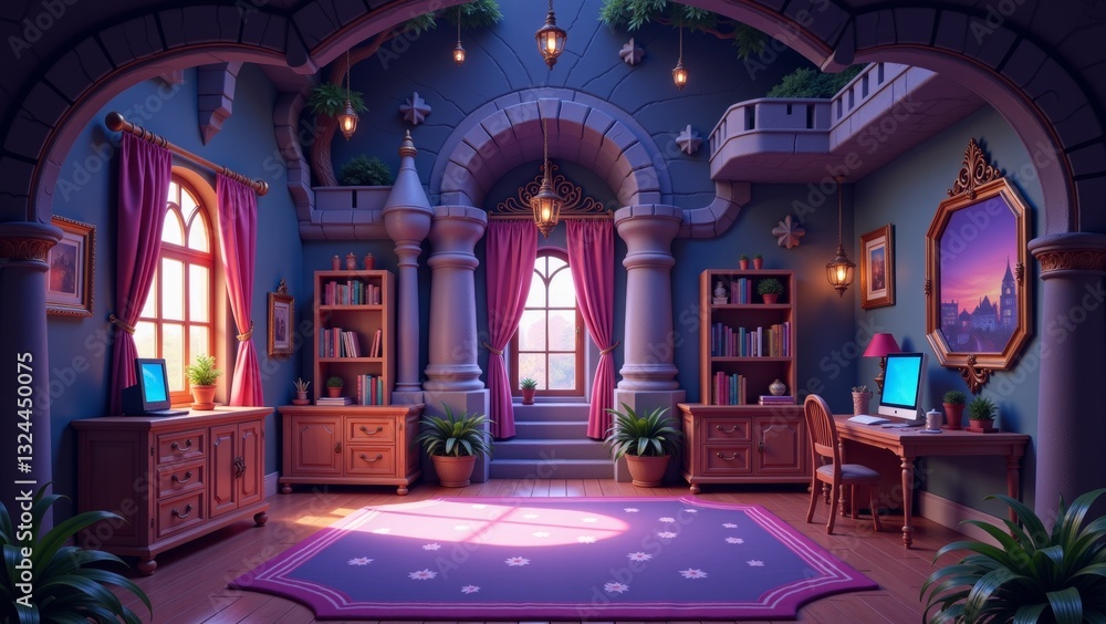 Obraz premium Vibrant interior of fantasy castle children's room, featuring elegant furniture, plants, and soft lighting. Concept emphasizes creativity and enchanting atmosphere in children's space